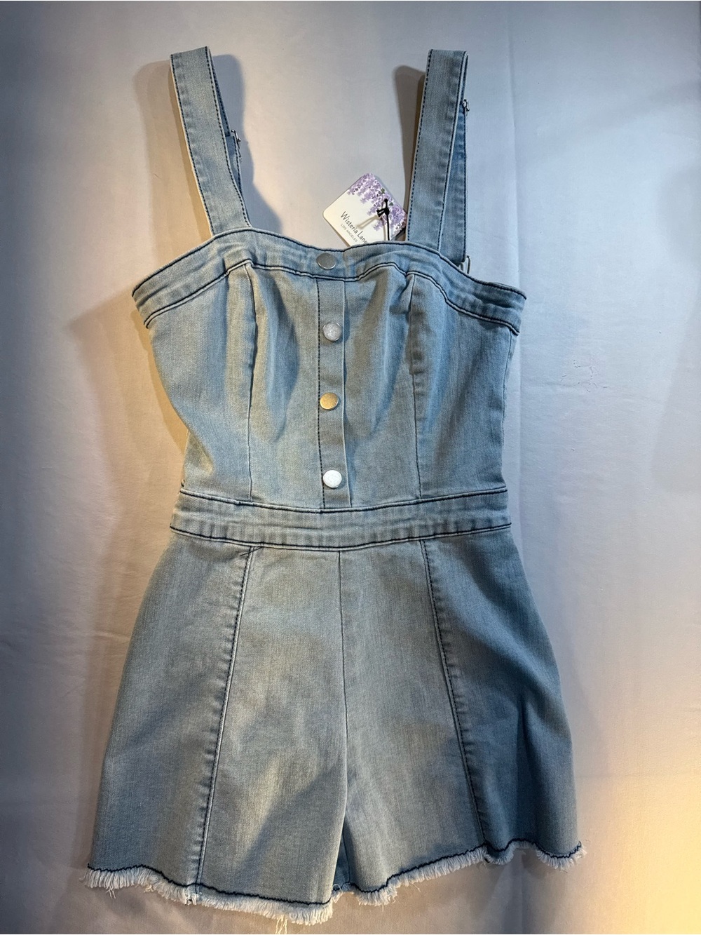 Wisteria Lane NWT Light Wash Denim Romper with Button Front